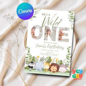 Wild One Invite, 1st Birthday Safari, Jungle Safari evite, Photo Invitation, One year old invite Canva Template, Instant Download