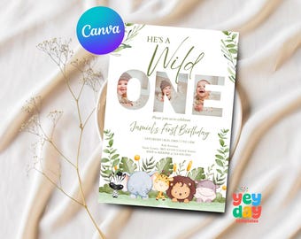 Wild One Invite, 1st Birthday Safari, Jungle Safari evite, Photo Invitation, One year old invite Canva Template, Instant Download