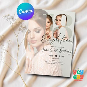 18th Birthday Invite, 18 year old birthday, Eighteenth invite, Invitation with Picture birthday dinner, Canva Template, Instant Download