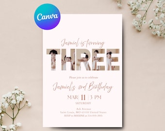 Editable 3rd Birthday Invite, Minimalist Photo Invite, Invite with picture, 3rd Birthday Photo Invitation Canva Template, Instant Download