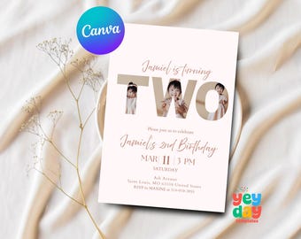 2nd Birthday Invite, 2nd birthday girl, Girl birthday invite, minimalist invite, Minimalist Photo Invite, Canva Template, Instant Download