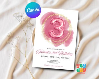 3e verjaardag meisje, 3e roze glitter verjaardagsuitnodiging, roze 3-jarige verjaardag, afdrukbare uitnodigingcanvasjabloon, instant download