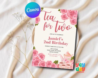 Tea party birthday, Tea for two girl 2nd birthday, Birthday tea invite, Garden party invitation Canva Template, Instant Download