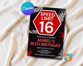 Compleanno di un ragazzo di 16 anni, invito per il compleanno di un ragazzo di 16 anni, invito per il compleanno di un ragazzo di 16 anni, modello personalizzato Canva per compleanno con limite di velocità, download immediato