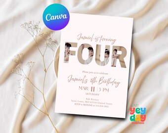 Invitación de 4.º cumpleaños, invitación con foto minimalista, invitación con foto, plantilla de Canva, descarga instantánea