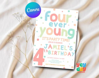 4.Geburtstagseinladung Vier Ever Young, Pastell 4.Geburtstagseinladung, Mädchen 4.Geburtstagseinladung, Canva Vorlage, Sofort Download