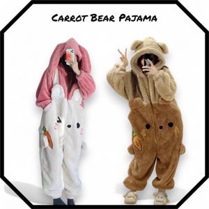 Cozy Bear Onesie Pajamas for Women | Kawaii Carrot Loungewear | Fluffy Hooded Sleepwear | Winter Warm Jumpsuit Suit S-XXL