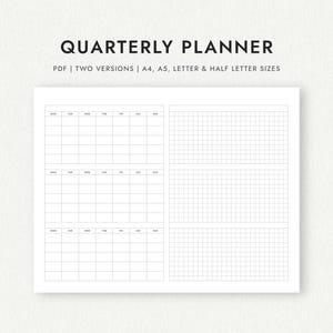 Quarterly Planner: Landscape Orientation - A4/A5/Letter/Half Letter Sizes (Printable PDF Download)