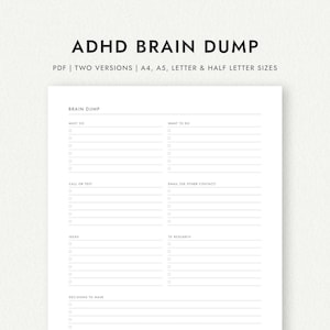 ADHD Brain Dump: twee versies: A4/A5/Letter/Half Letter (afdrukbare pdf-download)