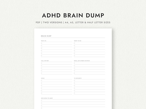 ADHD Brain Dump: Two Versions - A4/A5/Letter/Half Letter Sizes (Printable PDF Download)