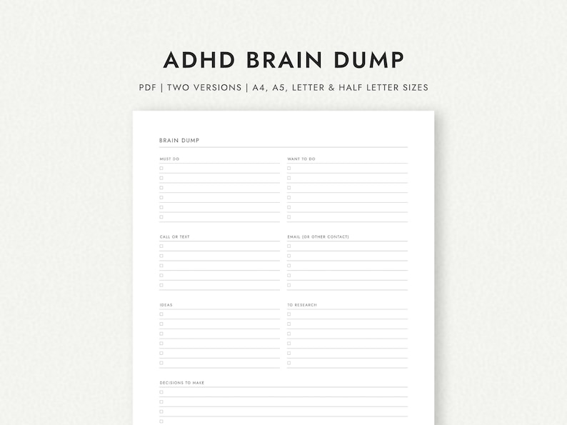 ADHD Brain Dump: Two Versions - A4/A5/Letter/Half Letter Sizes (Printable PDF Download) image 1
