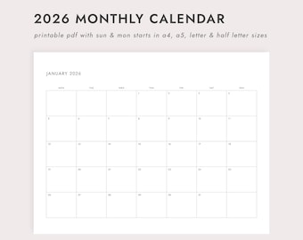 May include: A minimalist 2026 monthly calendar in a printable PDF format. The calendar features a clean, grid layout with the month of January displayed. Text at the top reads "2026 MONTHLY CALENDAR" and "printable pdf with sun & mon starts in a4, a5, letter & half letter sizes."