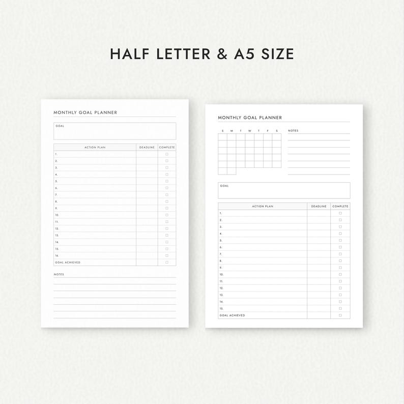 Monthly Goal Planner: Four Versions - A4/A5/Letter/Half Letter Sizes (Printable PDF Download) image 8