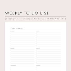 Weekly To Do List: A4/A5/Letter/Half Letter Sizes (Printable PDF Download)