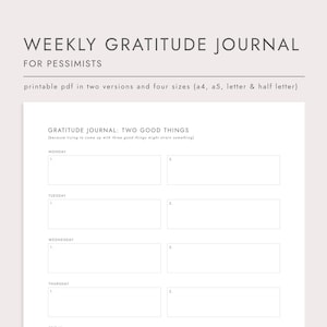 Diario de gratitud semanal "Two Good Things" para pesimistas, planificador imprimible en PDF, descarga instantánea, tamaño A4/A5/Carta/Media Carta