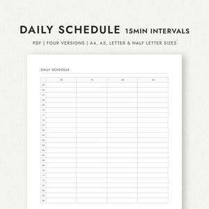 24hr Daily Schedule: 15 Minute Intervals - A4/A5/Letter/Half Letter Sizes (Printable PDF Download)