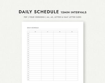 Horario diario de 24 horas: intervalos de 15 minutos - Tamaños A4/A5/Carta/Media Carta (Descarga PDF imprimible)