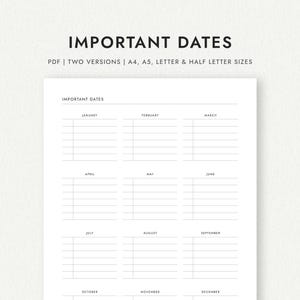 Important Dates: Sorted by Month - A4/A5/Letter/Half Letter Sizes (Printable PDF Download)