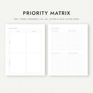 Matriz de prioridades: Tres versiones: tamaños A4, A5, carta y media carta (Descarga PDF imprimible)
