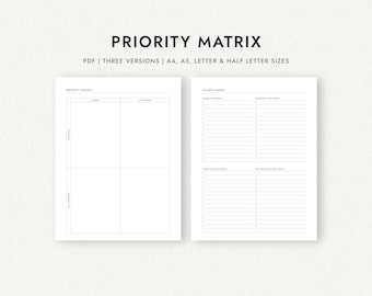 Priority Matrix: Three Versions - A4/A5/Letter/Half Letter Sizes (Printable PDF Download)