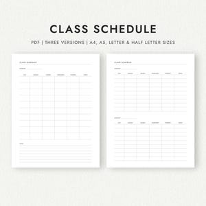 Horario de clases: Tres versiones: A4, A5, carta y media carta (Descarga PDF imprimible)