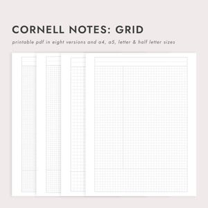 Può includere: Pagine bianche stampabili di note Cornell con griglia. Il testo "CORNELL NOTES: GRID" è in alto. Il testo "printable pdf in eight versions and a4, a5, letter & half letter sizes" è sotto. Le pagine hanno un motivo a griglia.
