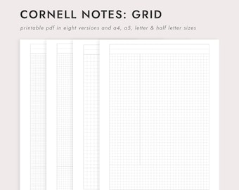 Cornell Notes Grid Paper: 3mm/4mm/5mm/6.4mm Grids and Two Margin Widths - A4/A5/Letter/HalfLetter (Printable PDF Download)
