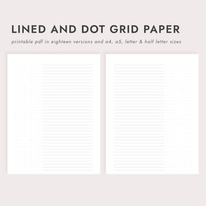 May include: Two white pages of lined and dot grid paper. The left page has a dot grid on the left side and horizontal lines. The right page has horizontal lines. The text "LINED AND DOT GRID PAPER" is at the top, with additional text below.