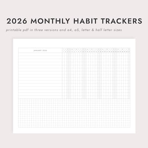 May include: A white printable habit tracker for January 2026. The document includes a grid for tracking daily habits, with space for notes. The title "2026 Monthly Habit Trackers" is at the top, along with text about the printable PDF.