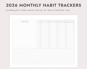 Seguimiento de hábitos mensuales 2026: Notas cuadriculadas, con líneas o sin notas - Tamaños A4/A5/Carta/Media Carta (Descarga PDF imprimible)