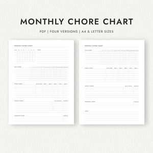 Monthly Chore Chart: Four Versions - A4 & Letter Sizes (Printable PDF Download)