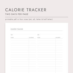 Registro de calorías (dos días por página), planificador imprimible en PDF, descarga instantánea, tamaño carta/A4/media carta/A5, diario de comidas