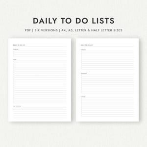 Listas de tareas diarias: Seis versiones (tamaños A4, A5, carta y media carta) (Descarga PDF imprimible)