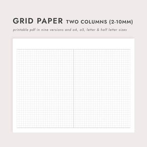 May include: White grid paper with two columns, featuring a fine grid pattern. The text at the top reads "GRID PAPER TWO COLUMNS (2-10MM)" and "printable pdf in nine versions and a4, a5, letter & half letter sizes."