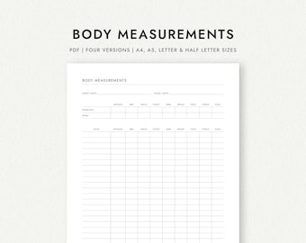 Body Measurements Tracker: Goal and List Versions - A4/A5/Letter/Half Letter Sizes (Printable PDF Download)
