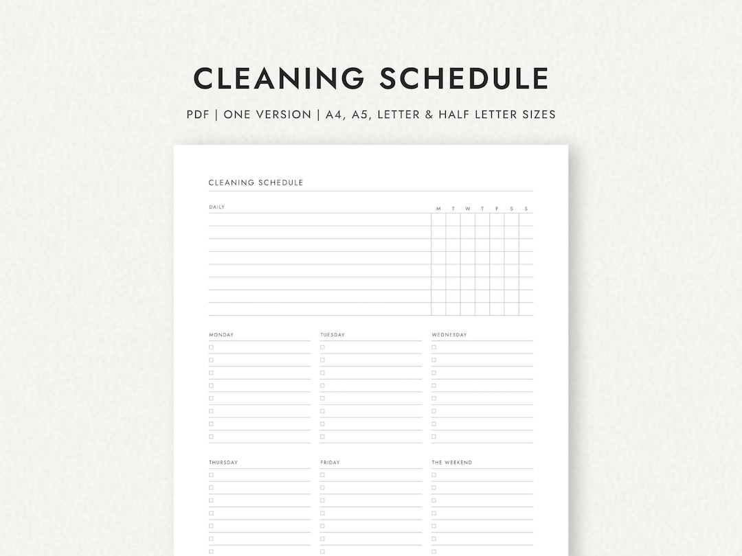 Weekly Cleaning Schedule: Daily and Weekly Tasks - A4/a5/letter/half ...