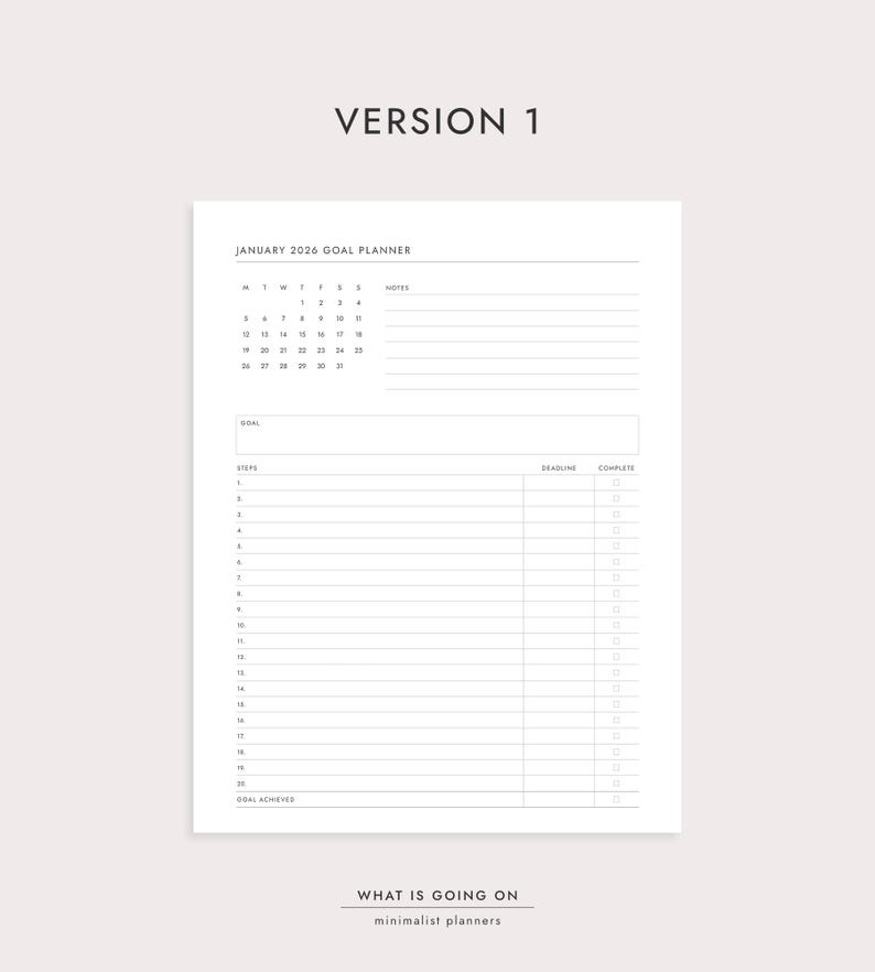 May include: A minimalist white planner page for January 2026, featuring a calendar, space for goals, steps, deadlines, and completion check boxes. The text "VERSION 1" is at the top, with "WHAT IS GOING ON minimalist planners" at the bottom.
