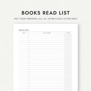 Bücher Liste: Hoch- und Querformat - A4/A5/Letter/Half Letter (druckbare PDF-Datei zum Herunterladen)