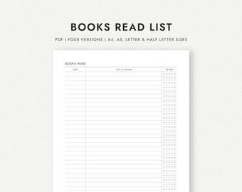 Books Read List: Portrait and Landscape Versions - A4/A5/Letter/Half Letter Sizes (Printable PDF Download)