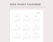 2026 Yearly Calendar: One Page Year at a Glance - A4/A5/Letter/Half Letter Sizes (Printable PDF Download)