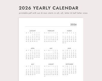 Calendario anual 2026: Resumen del año en una página - Tamaños A4/A5/Carta/Media Carta (Descarga en PDF imprimible)