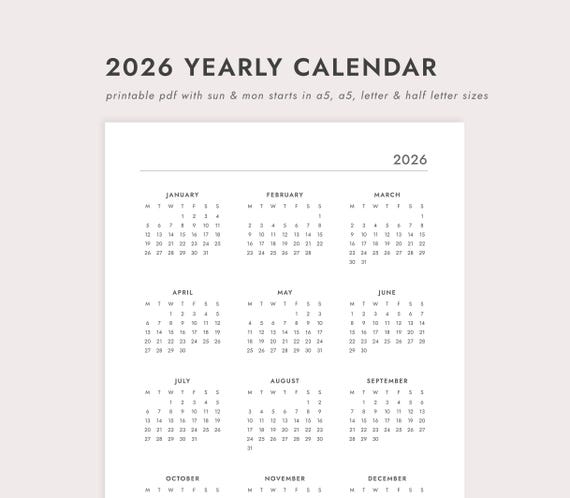 2026 Yearly Calendar: One Page Year at a Glance - A4/A5/Letter/Half Letter Sizes (Printable PDF Download)