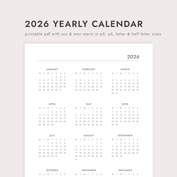 2026 Yearly Calendar: One Page Year at a Glance - A4/A5/Letter/Half Letter Sizes (Printable PDF Download)