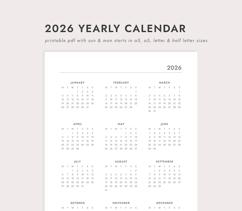May include: A printable 2026 yearly calendar in a minimalist design. The calendar is white with black text, featuring the year at the top and monthly grids. The text "2026 YEARLY CALENDAR" is at the top.