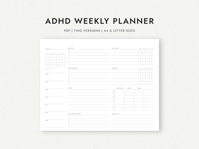 ADHD Weekly Planner: Landscape One-page Spread - A4 & Letter Sizes ...