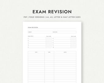 Exam Revision Planner: One or Two-Pages - A4/A5/Letter/Half Letter Sizes (Printable PDF Download)