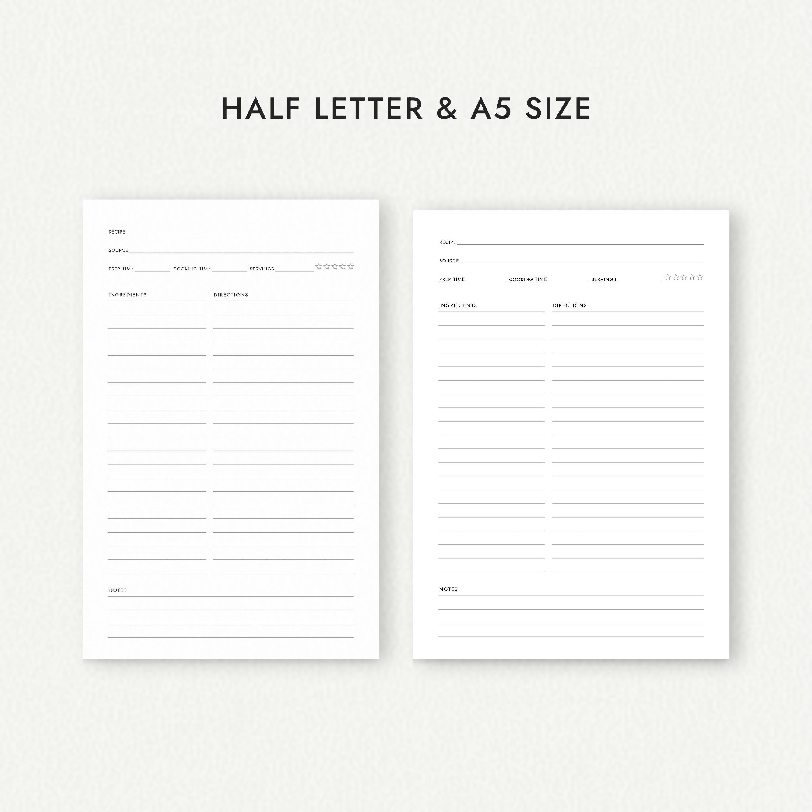 Recipe Template: One and Two-page Versions - A4/a5/letter/half Letter ...