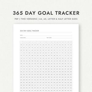 Seguimiento de objetivos de 365 días: Dos versiones: tamaños A4, A5, carta y media carta (Descarga PDF imprimible)