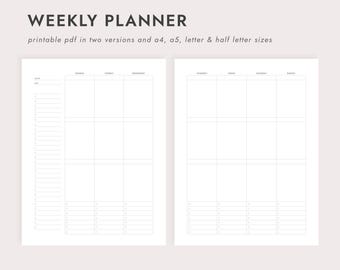 May include: Two white weekly planner pages with a light gray grid layout. The left page has a column for time slots and the right page has a full week layout. The text "WEEKLY PLANNER" is at the top, with "printable pdf in two versions and a4, a5, letter & half letter sizes" below.