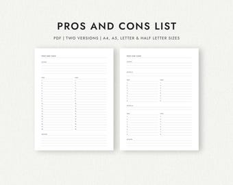 Pros and Cons List: Two Versions - A4/A5/Letter/Half Letter Sizes (Printable PDF Download)
